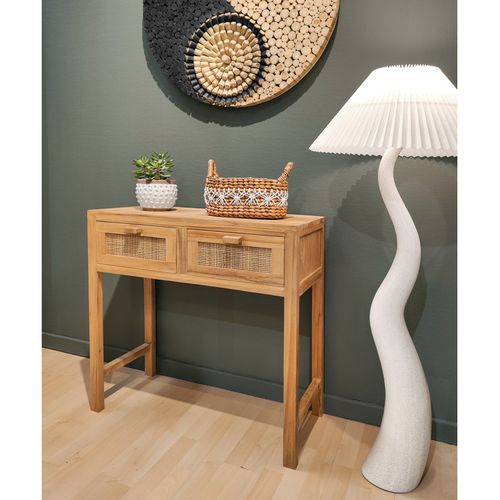 Console L. 80 Cm En Teck Massif 2 Tiroirs Cannage En Rotin - Camilo