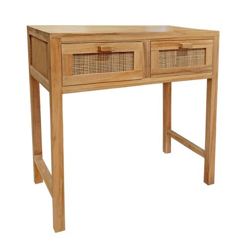 Console L. 80 Cm En Teck Massif 2 Tiroirs Cannage En Rotin - Camilo