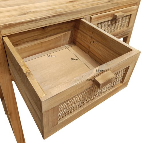 Console L. 80 Cm En Teck Massif 2 Tiroirs Cannage En Rotin - Camilo