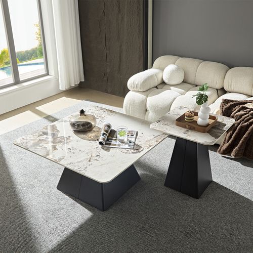 Table D'appoint Carrée Céramique Marbré Beige Pied Trapèze - Oswald