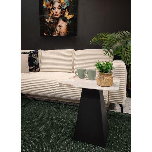 Table D'appoint Carrée Céramique Marbré Beige Pied Trapèze - Oswald