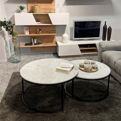 Tables Basses Gigognes Rondes Marbre Blanc Pied Métal Noir – Oxa