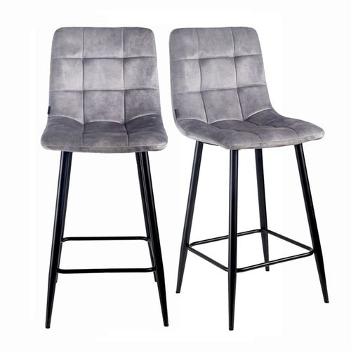 Lot 2 Tabourets De Bar En Velours Gris Clair Pieds Métal – Nami 2