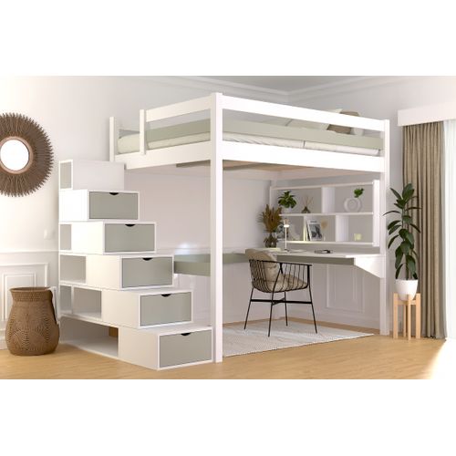 Lit Mezzanine Bois 140x200 Sylvia Avec Escalier Cube