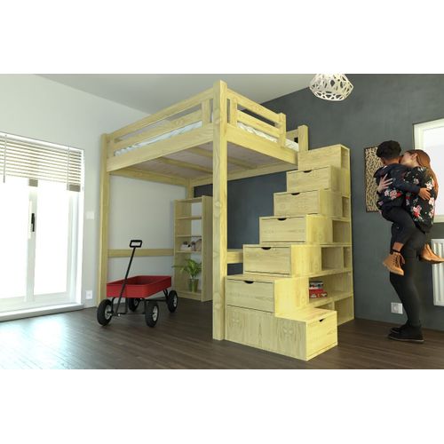 Lit Mezzanine Adulte Bois 160x200 Alpage Hauteur Réglable + Escalier Cube