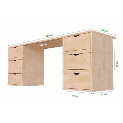 Bureau Bois Massif Long 6 Tiroirs Cube