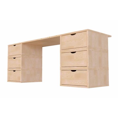 Bureau Bois Massif Long 6 Tiroirs Cube