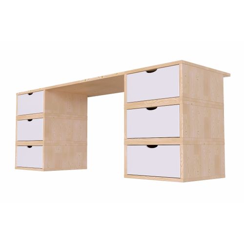 Bureau Bois Massif Long 6 Tiroirs Cube