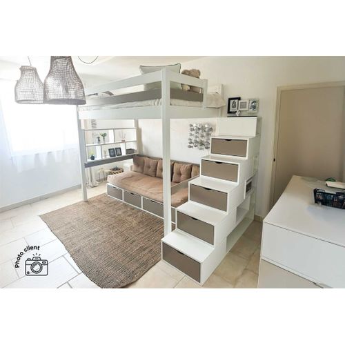Lit Mezzanine Bois 90x200 Sylvia Avec Escalier Cube
