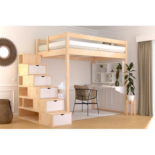 Lit Mezzanine Bois 120x200 Sylvia Avec Escalier Cube