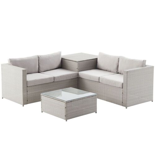 Silang Gris Clair : Salon De Jardin En Résine Tressée 4 Personnes Avec Coffre Intégré