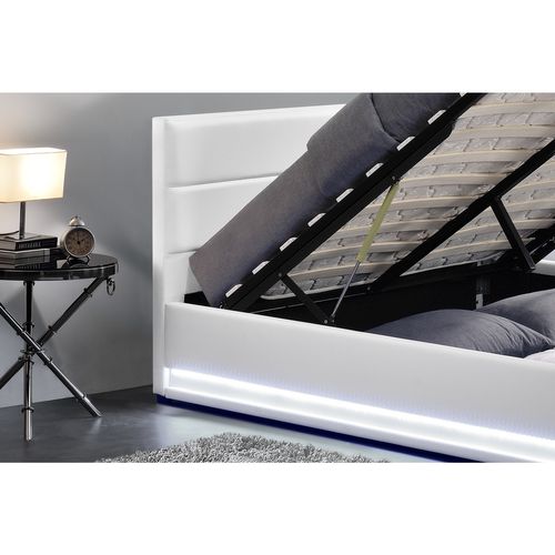 Lit New York - Structure De Lit En Pu Blanc Avec Rangements Et LED Intégrées - 160x200 Cm