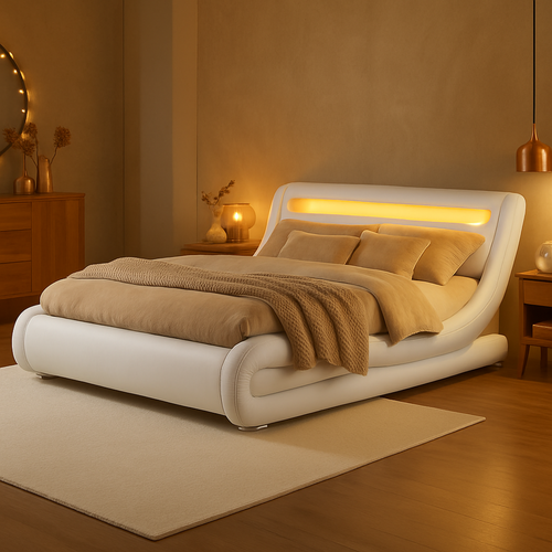 Lit Seattle - Structure De Lit Simili Blanc Avec LED Intégrées - 160x200 Cm