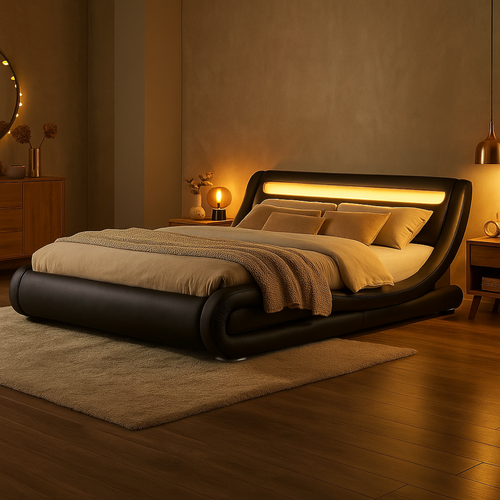 Lit Seattle - Structure De Lit Simili Noir Avec LED Intégrées - 160x200 Cm