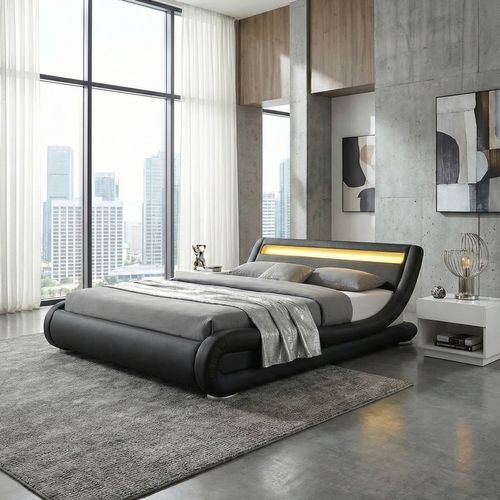 Lit Seattle - Structure De Lit Simili Noir Avec LED Intégrées - 160x200 Cm