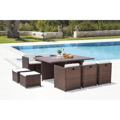 Sunset - Table Et Chaise 10 Places Encastrables Alu Résine Marron-blanc