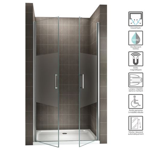 Porte De Douche H195 Largeur 83-86 Cm Verre Semi-opaque 2 Portes Battantes, Modèle Kaya