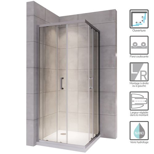 Cabine De Douche H185 100x100cm Verre Transparent Portes Coulissantes Lana (sans Receveur)