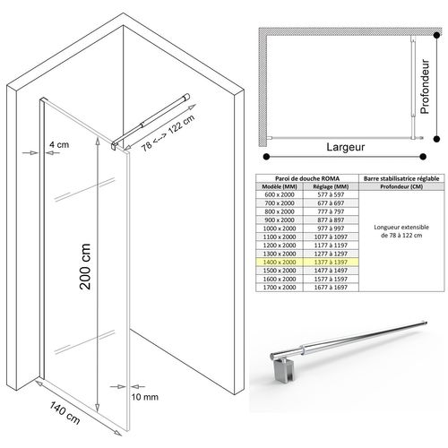 Paroi De Douche Italienne 140x200 Cm Verre Centre-opaque 10 Mm Roma