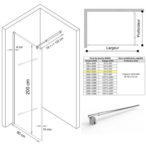 Paroi De Douche Italienne 90x200 Cm Verre Centre-opaque 10 Mm Roma