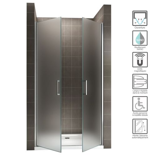 Porte De Douche H180 Largeur 92-95 Cm Verre Dépoli Opaque 2 Portes Battantes, Modèle Kaya