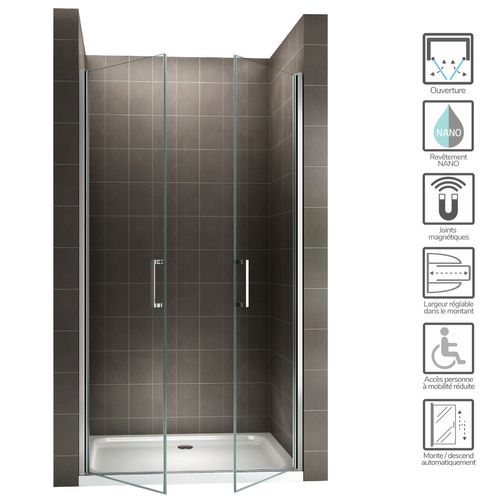 Porte De Douche H180 Largeur 68-71 Cm Verre Transparent 2 Portes Battantes, Modèle Kaya