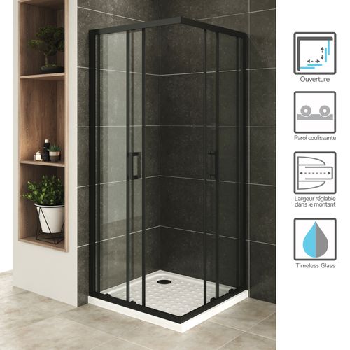 Cabine De Douche H185 90x90cm  Verre Transparent Portes Coulissantes Lanablack+ (sans Receveur)
