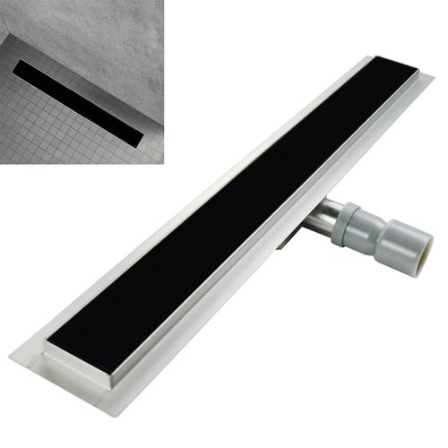 Caniveau De Douche L.100 Cm Verre Noir Et Inox, Siphon Anti-odeurs, Drainage Performant -kody