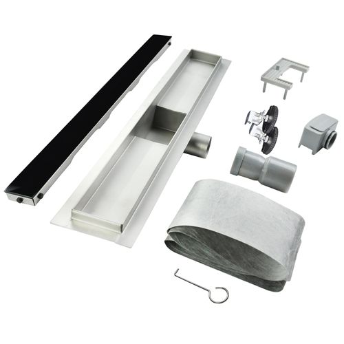 Caniveau De Douche L.100 Cm Verre Noir Et Inox, Siphon Anti-odeurs, Drainage Performant -kody