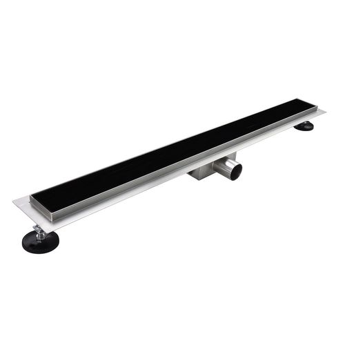 Caniveau De Douche L.120 Cm Verre Noir Et Inox, Siphon Anti-odeurs, Drainage Performant -kody