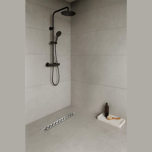 Caniveau De Douche Motif Vague L.100 Cm Acier, Siphon Anti-odeurs, Débit Performant -vago