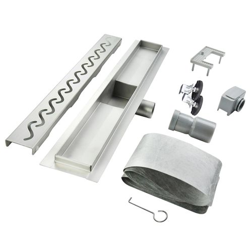 Caniveau De Douche Motif Vague L.120 Cm Acier, Siphon Anti-odeurs, Débit Performant -vago