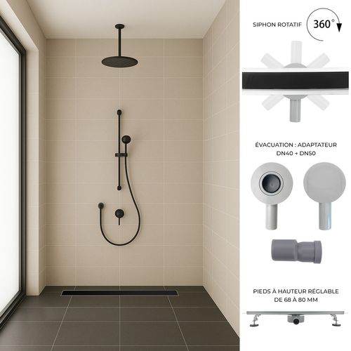 Caniveau Douche Verre Noir L.80 Cm, Siphon 360° Inox, Stop-odeur, Drainage Performant -duka