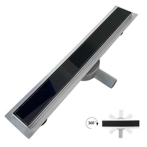 Caniveau Douche Verre Noir L.80 Cm, Siphon 360° Inox, Stop-odeur, Drainage Performant -duka