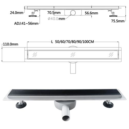 Caniveau Douche Verre Noir L.100 Cm, Siphon 360° Inox, Stop-odeur, Drainage Performant -duka