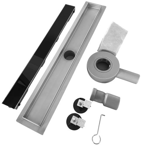 Caniveau Douche Verre Noir L.100 Cm, Siphon 360° Inox, Stop-odeur, Drainage Performant -duka