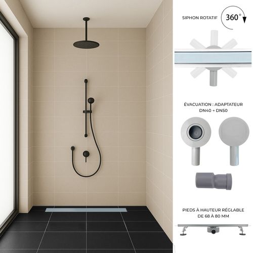 Caniveau Douche Verre Blanc L.120 Cm, Siphon 360° Inox, Stop-odeur, Drainage Performant -duka