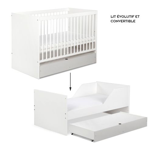 Dalia Ensemble Commode à Langer Et Lit Enfant Convertible 140x70 + Tiroir Blanc