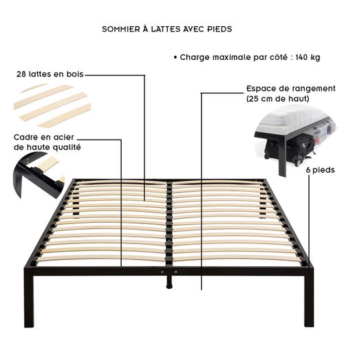 Basi Sommier à Lattes Avec Pieds En Acier Robuste 140x200 Cm Noir