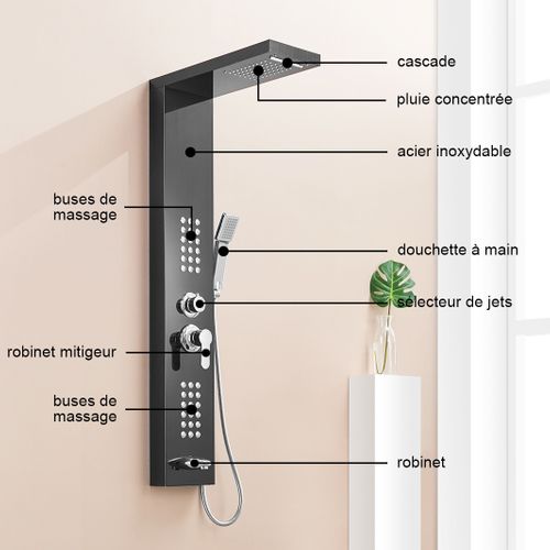 Colonne De Douche Hydromassante 4 Jets + 1 Robinet Noir - Luly