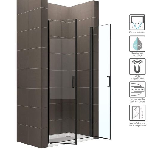 Porte De Douche Noir H180 Largeur 94-97 Cm Verre Transparent 6 Mm, Portes Battantes Kimiblack