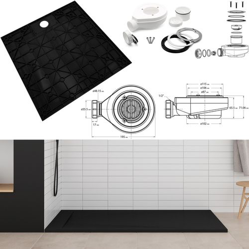 Receveur De Douche Polar 80x140 Cm Noir Effet Pierre Extra-plat Antidérapant + Bonde