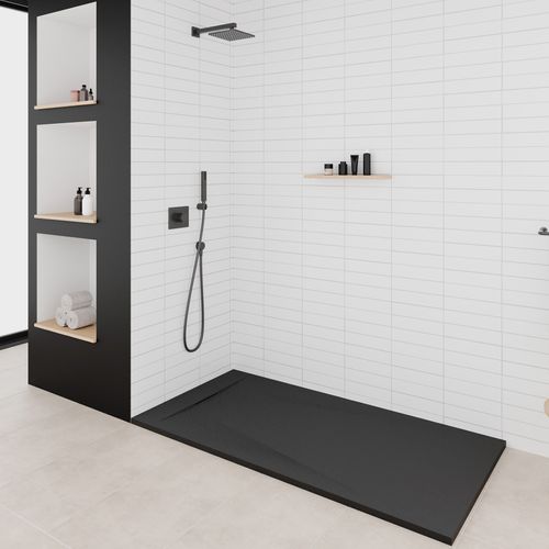 Receveur De Douche Polar 80x100 Cm Noir Effet Pierre Extra-plat Antidérapant + Bonde