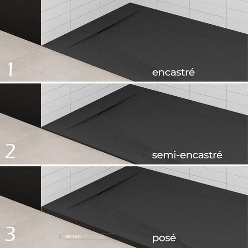 Receveur De Douche Polar 80x100 Cm Noir Effet Pierre Extra-plat Antidérapant + Bonde
