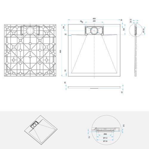 Receveur De Douche Polar 80x80 Cm Noir Effet Pierre Extra-plat Antidérapant + Bonde
