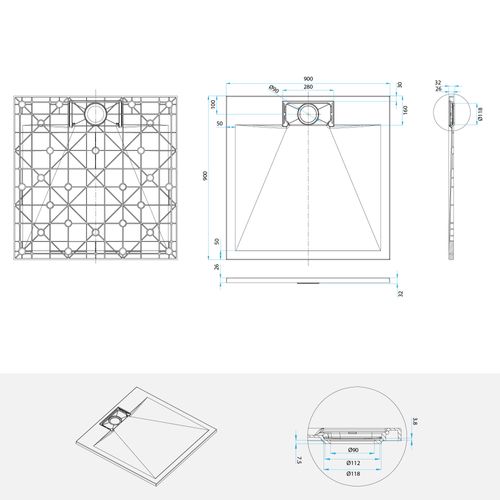 Receveur De Douche Polar 90x90 Cm Gris Effet Pierre Extra-plat Antidérapant + Bonde