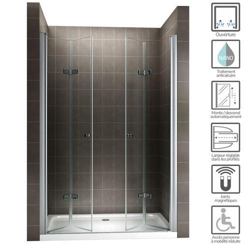 Porte De Douche H195 Largeur 120-124 Cm Verre Transparent 6 Mm Porte Pliante Pivotante Emmy