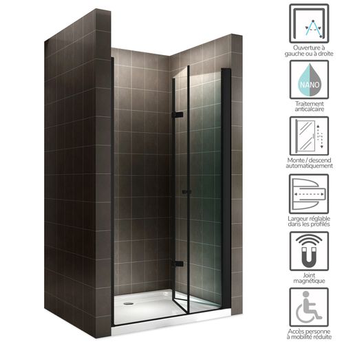 Porte De Douche H195 Noir Largeur 76-80 Cm Verre Transparent Porte Pliante Monablack