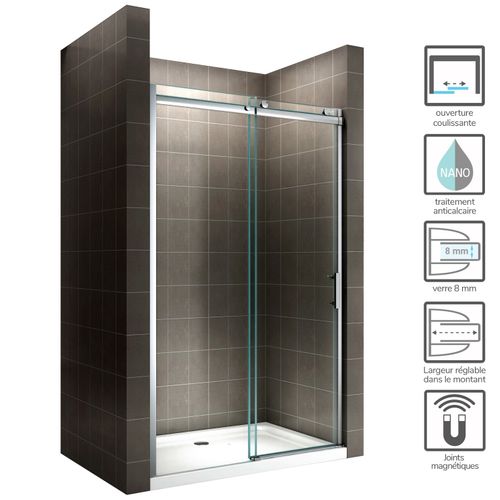 Porte De Douche Coulissante 140 X 200 Cm Verre 8 Mm Transparent Anticalcaire Alix - Saniverre