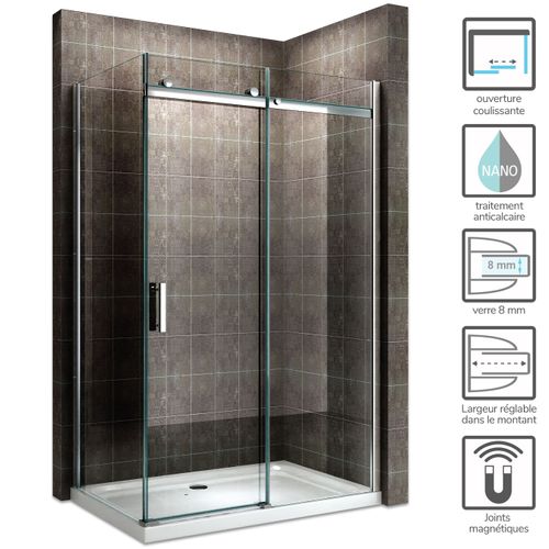 Paroi De Douche D'angle 75x150cm (porte 150) Alixa Porte Coulissante H200 Cm Verre Transparent 8 Mm